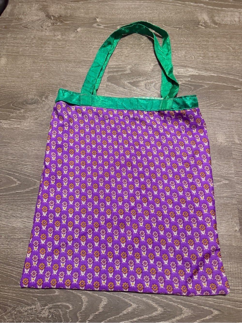 Handmade Reversible Green Purple Floral Fabric Tote Bag